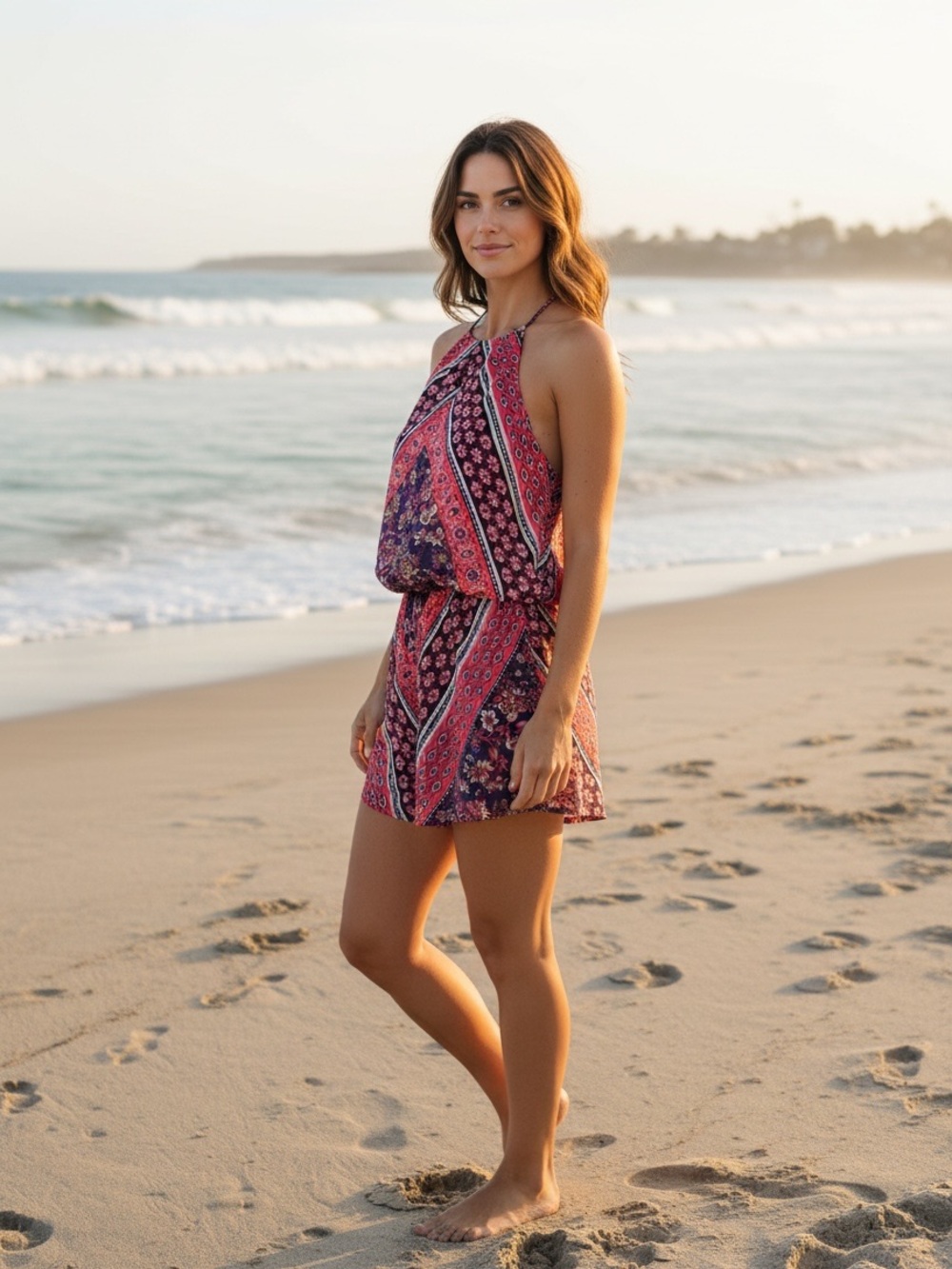 I.N. San Francisco Coral and Navy Patterned Halter Romper in Size Small